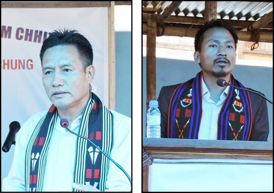 (Left) L Bumeng Lam (Right) S Pahin Meyah speaking at the Khiamniungan Union Mokokchung first mass public meeting held at Khiamniungan Baptist Church Mokokchung compound on June 24.